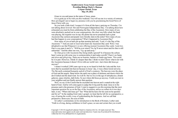 2012: Ascension Day Sermon: Southwestern Texas Synod Assembly