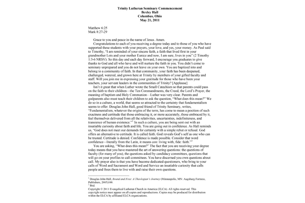 2011: Trinity Lutheran Seminary Commencement Address