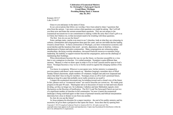 2012: Celebration of Ecumenical Ministry Sermon