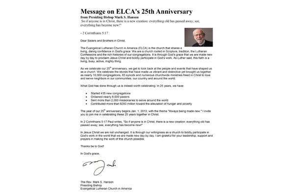 2012: Message on the ELCA’s 25th Anniversary