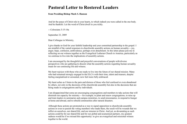 2009: Letter to Rostered Leaders about the Assembly Actions on Sexuality