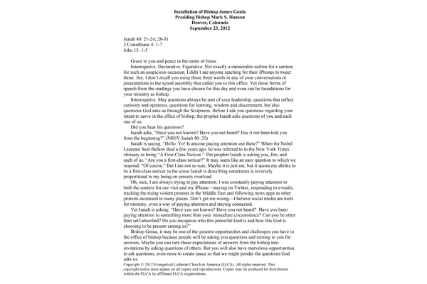 2012: Installation of Bishop James Gonia Sermon