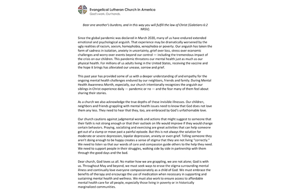 Bishop Eaton Statement on Mental Health Awareness