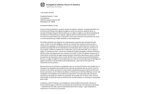 Letter to President Trump urging assistance for Augusta Victoria Hospital (Spanish)