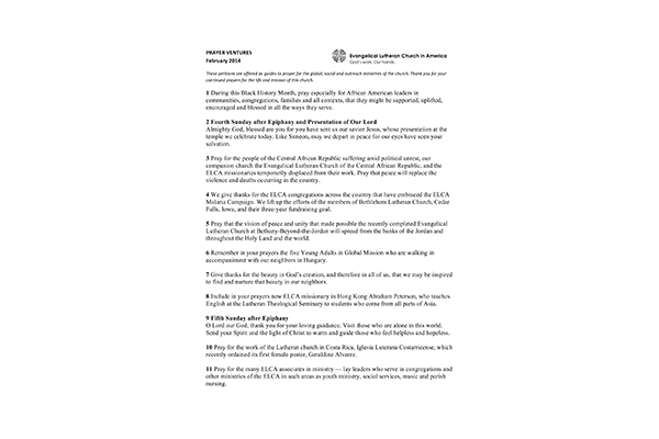 Prayer Ventures – Feruary 2014