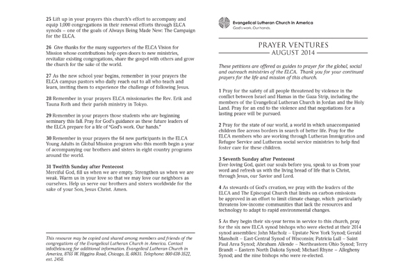 Prayer Ventures August – letter