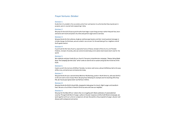 Prayer Ventures – October 2014