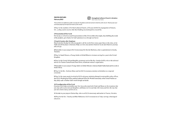 Prayer Ventures – Feruary 2013