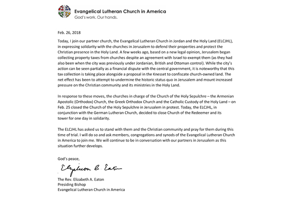 ELCA Presiding Bishop’s Pastoral Message on Jerusalem