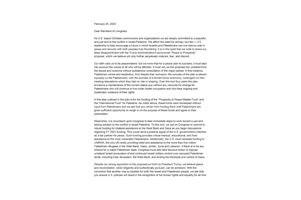 Letter to Congress responding to “Peace to Prosperity” plan – Feb 25, 2020?