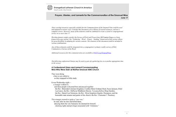 Prayers, Litanies, and Laments for the Commemoration of the Emanuel Nine (PDF)