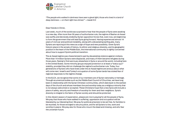 Bishop Eaton’s pastoral message on Syria