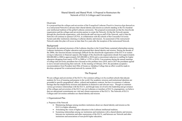 Shared Identify and Shared Work: A Proposal to Restructure the Network of ELCA Colleges and Universities