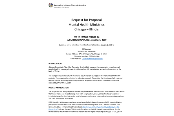 RFP – ELCA Mental Health Ministry