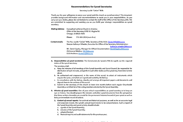 Recommendations For Synod Secretaries