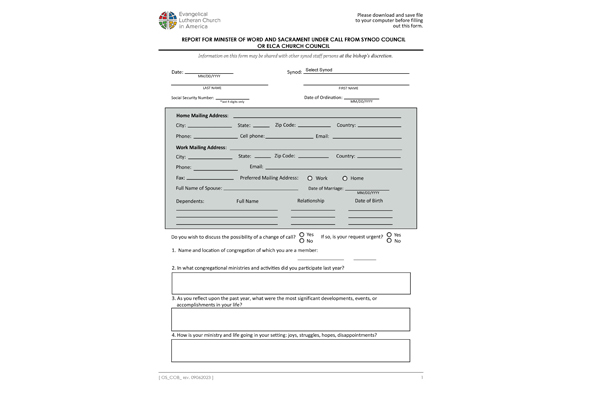 Report For Minister of Word and Sacrament From Synod Council Church Council Under Call