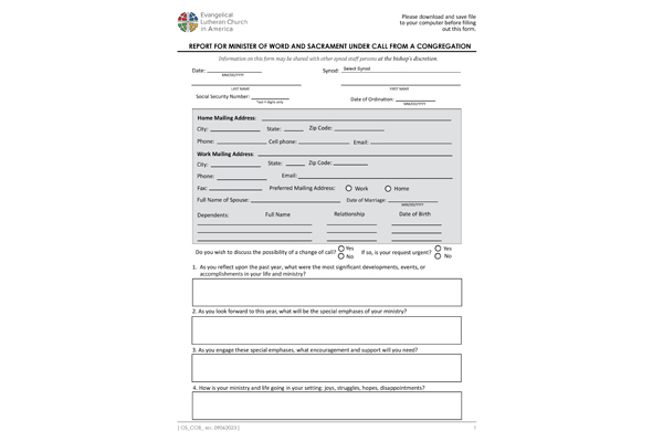 Report For Minister of Word and Sacrament Under Call From a Congregation