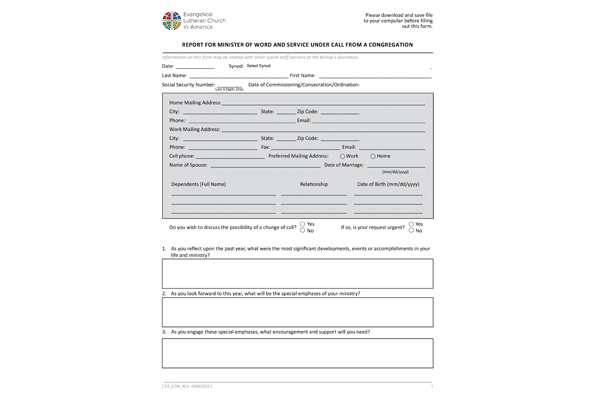 Report For Minister of Word and Service Under Call From a Congregation