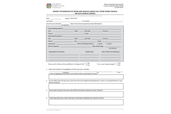 Report For Minister of Word and Service Under Call from Synod or Church Council