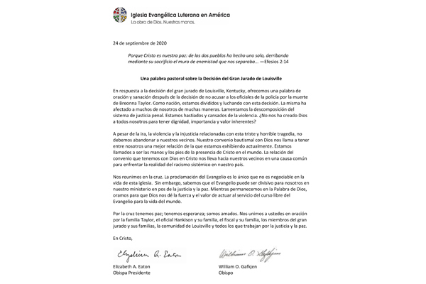 A pastoral word on the grand jury decision in Louisville – September 24, 2020 Spanish