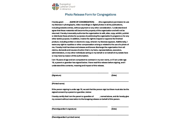 Photo Release Form for Congregations