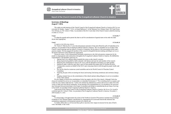 Section XI: Report of the Church Council