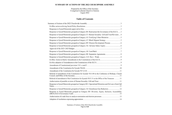 Summary of Actions of the 2022 Churchwide Assembly