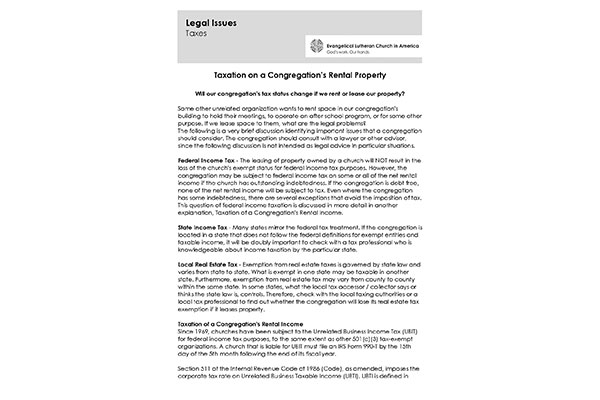 Resource: Legal Information: Taxation of a Congregation’s Rental Income