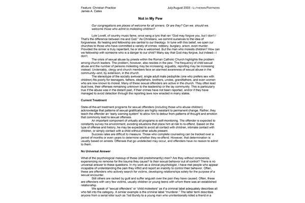 Preventing Clergy Sexual Abuse Not in My Pew Article