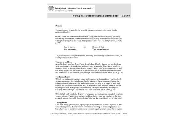 Worship Resources International Women’s Day ? March 8