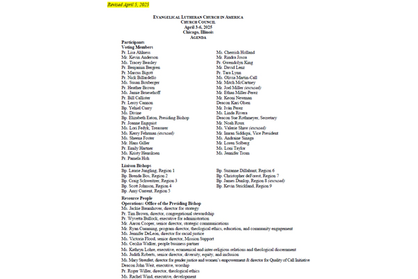 Church Council Agenda April 3-6, 2025