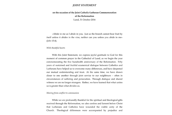 JOINT STATEMENT on the occasion of the Joint Catholic-Lutheran Commemoration of the Reformation