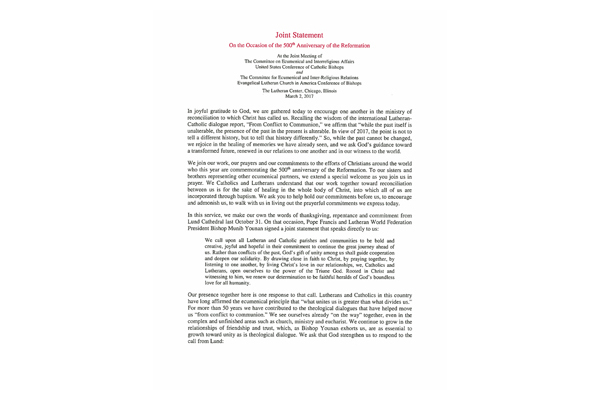 Joint Statment on the Occasion of the 500th Anniversary of the Reformation