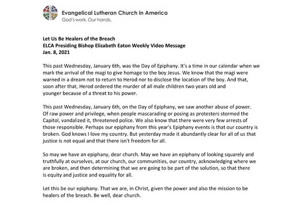 Presiding Bishop Weekly Video Message, January 8, 2021