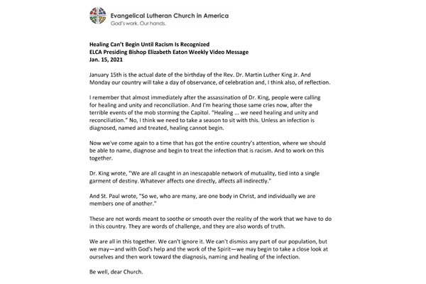 Presiding Bishop Weekly Video Message, January 15, 2021