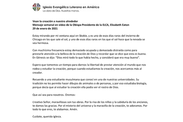 Presiding Bishop Weekly Video Message, January 29, 2021 (Spanish)