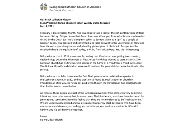 Presiding Bishop Weekly Video Message, February 5, 2021