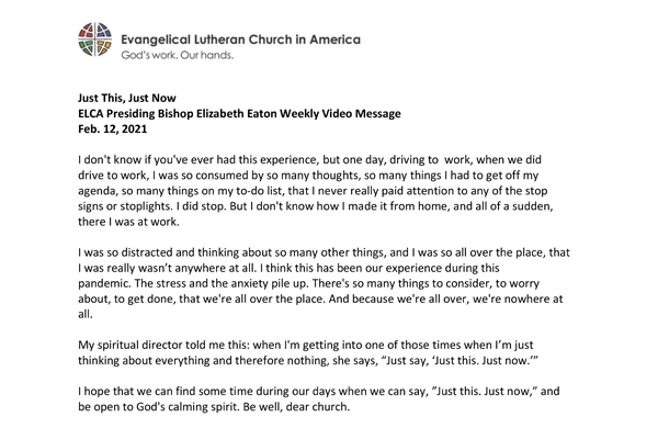 Presiding Bishop Weekly Video Message, February 12, 2021