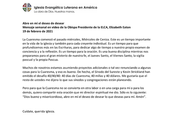 Presiding Bishop Weekly Video Message, February 19, 2021 (Spanish)