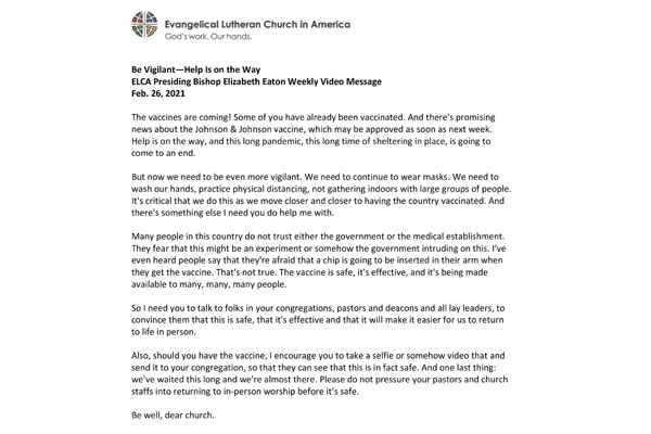 Presiding Bishop Weekly Video Message, February 26, 2021