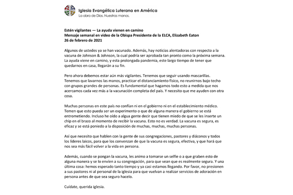 Presiding Bishop Weekly Video Message, February 26, 2021 (Spanish)