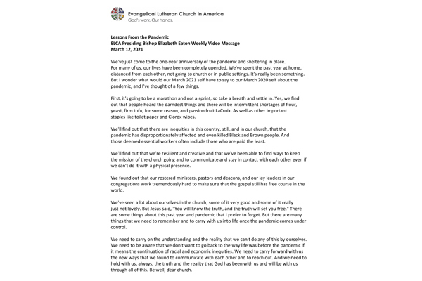 Presiding Bishop Weekly Video Message, March 12, 2021