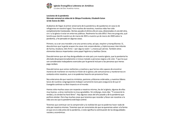 Presiding Bishop Weekly Video Message, March 12, 2021 (Spanish)