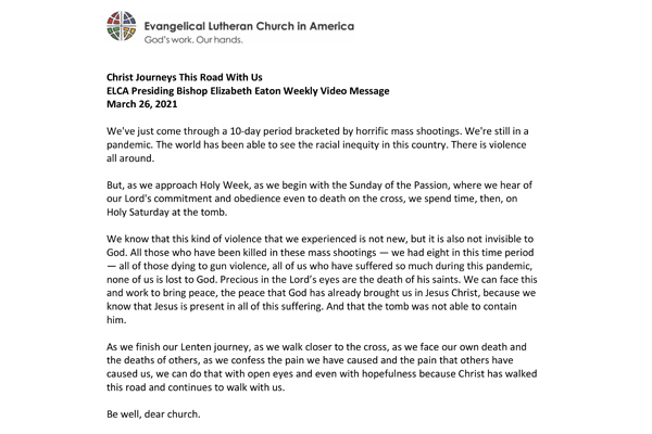 Presiding Bishop Weekly Video Message, March 26, 2021