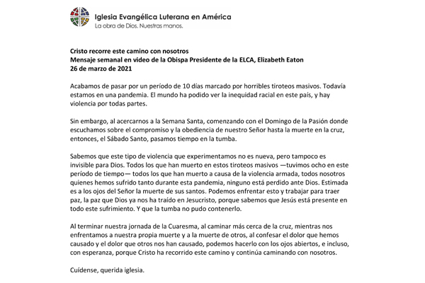 Presiding Bishop Weekly Video Message, March 26, 2021 (Spanish)