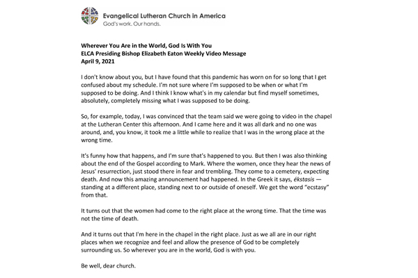 Presiding Bishop Weekly Video Message, April 9, 2021