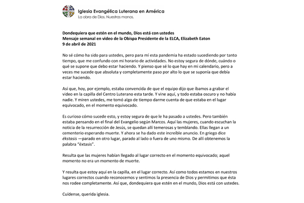 Presiding Bishop Weekly Video Message, April 9, 2021 (Spanish)