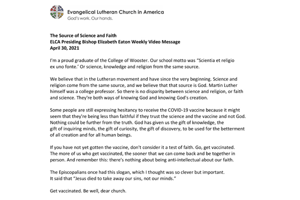 Presiding Bishop Weekly Video Message, April 30, 2021