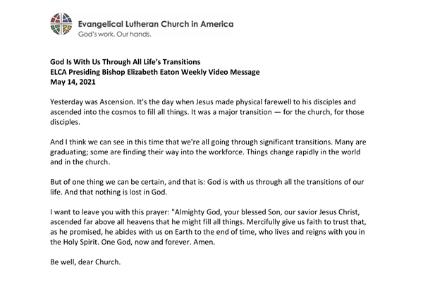 Presiding Bishop Weekly Video Message, May 14, 2021