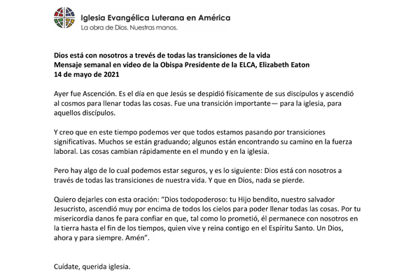Presiding Bishop Weekly Video Message, May 14, 2021 (Spanish)